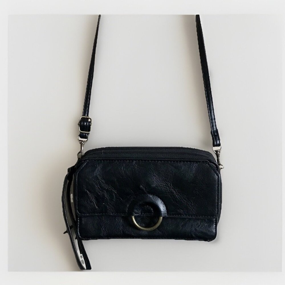 Bueno Women’s Black 100% Leather Handbag Wallet w/Adjustable Strap